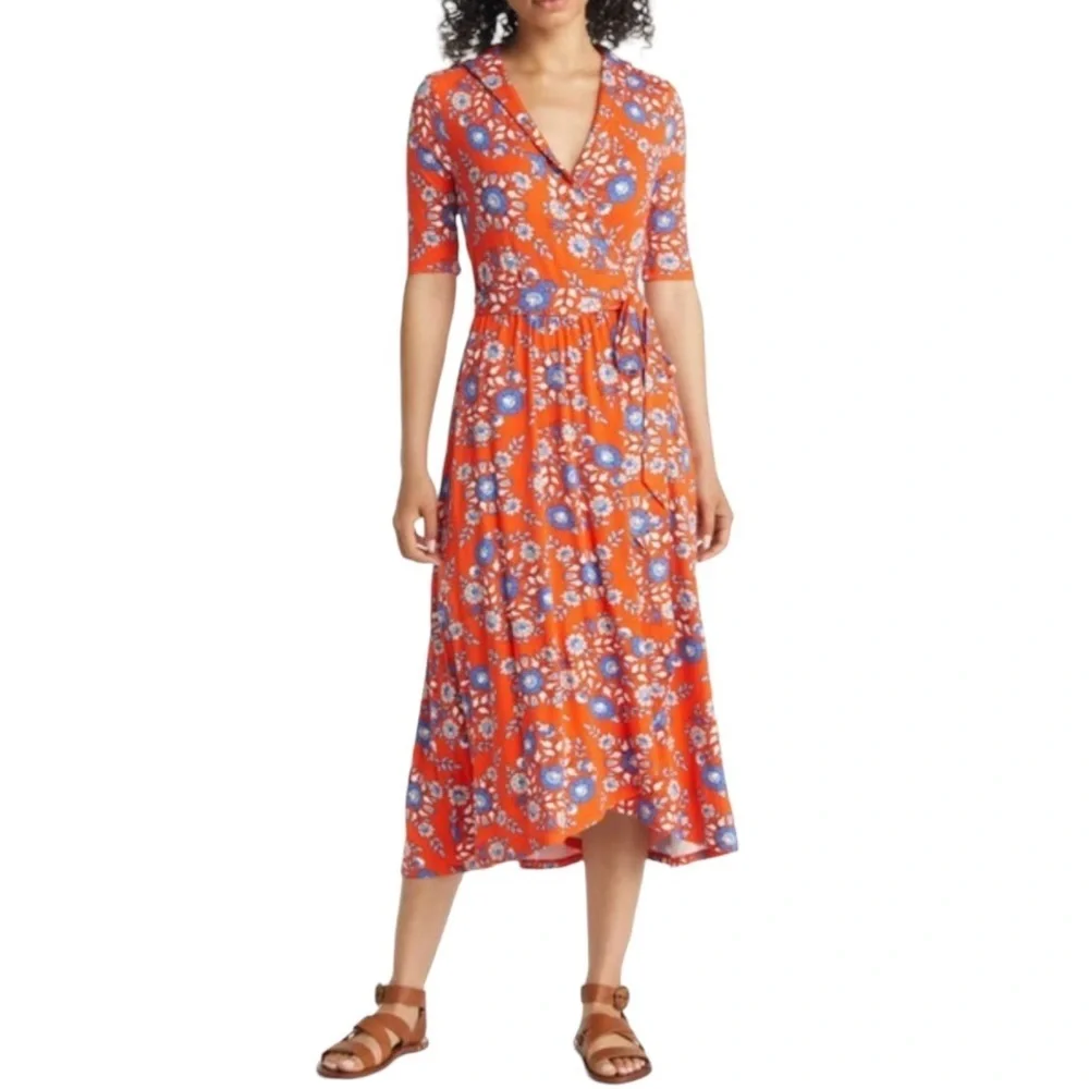 Boden Lavina Jersey Wrap in Papaya Wildflower Prarie Dress Women 6 Petite - Picture 1 of 16